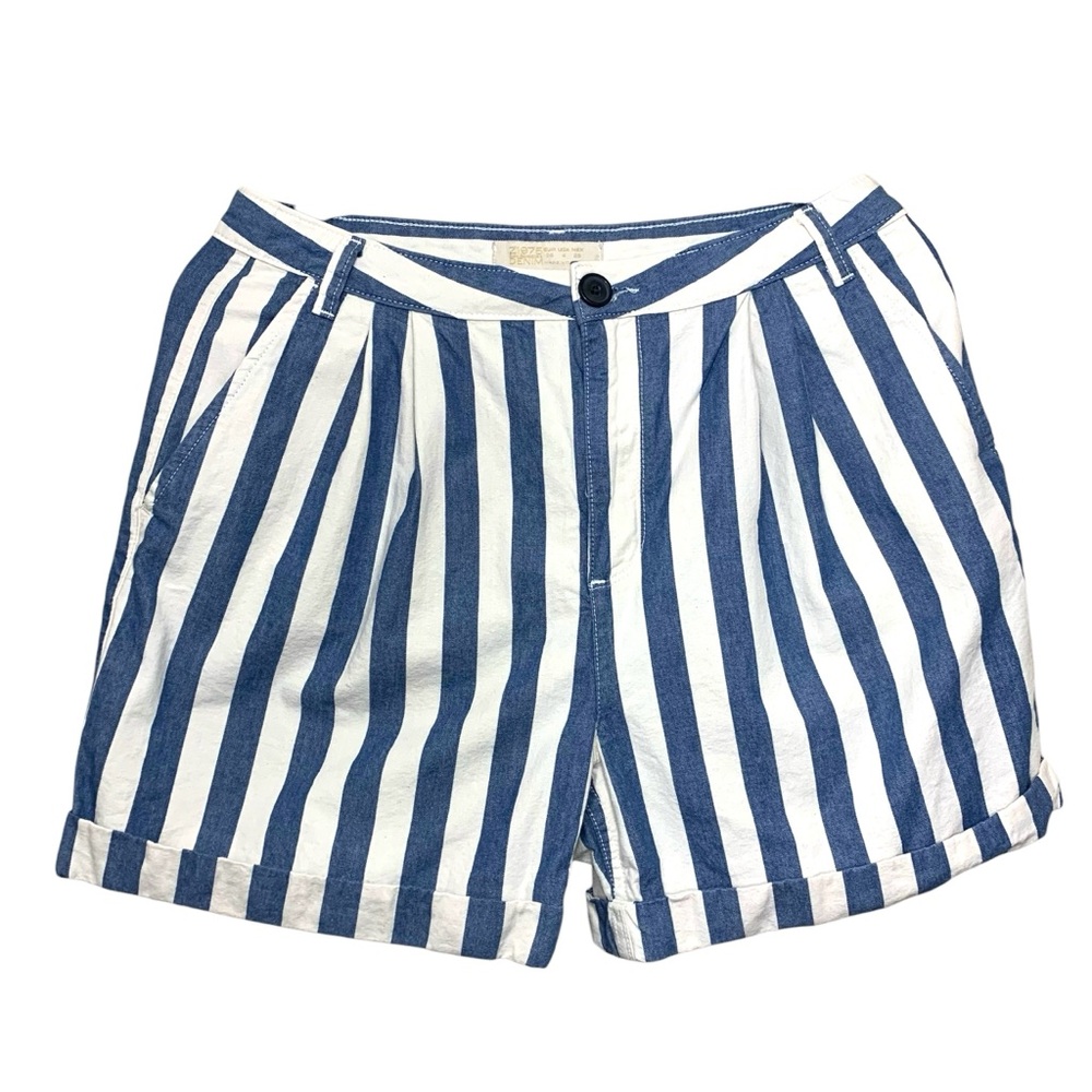 Zara Denim Striped Pleated High Rise Shorts Sz 4 Relaxed Blue White Coastal